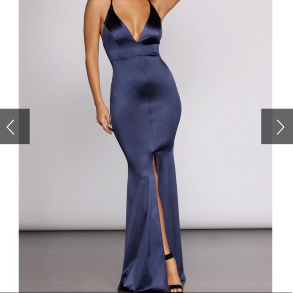 Long Satin Strappy Formal Gown, Deep V Plunge Neck